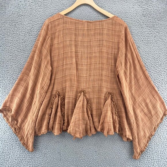 Free People Top Womens Large Brown 3/4 Angel Sleeves Ruffled Godet Gauzy Boho - Picture 3 of 10